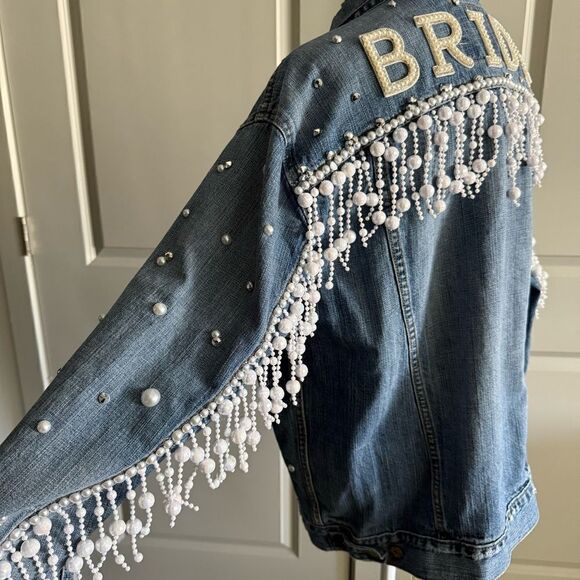 Levi’s Custom Rhinestone Cowgirl Bachelorette Disco Fringe Jean Jacket Size L - Picture 7 of 11